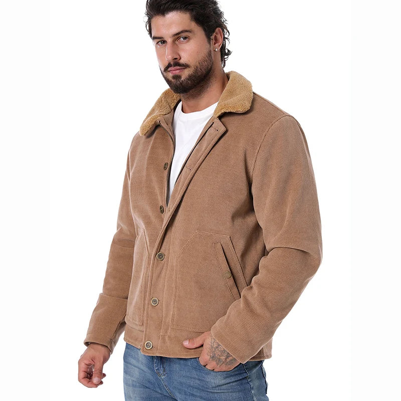 Men's Winter Corduroy Jacket Warm Fleece Lined Cargo Work Coat Casual Thick Sherpa Collar Trucker Deck Navy Jackets