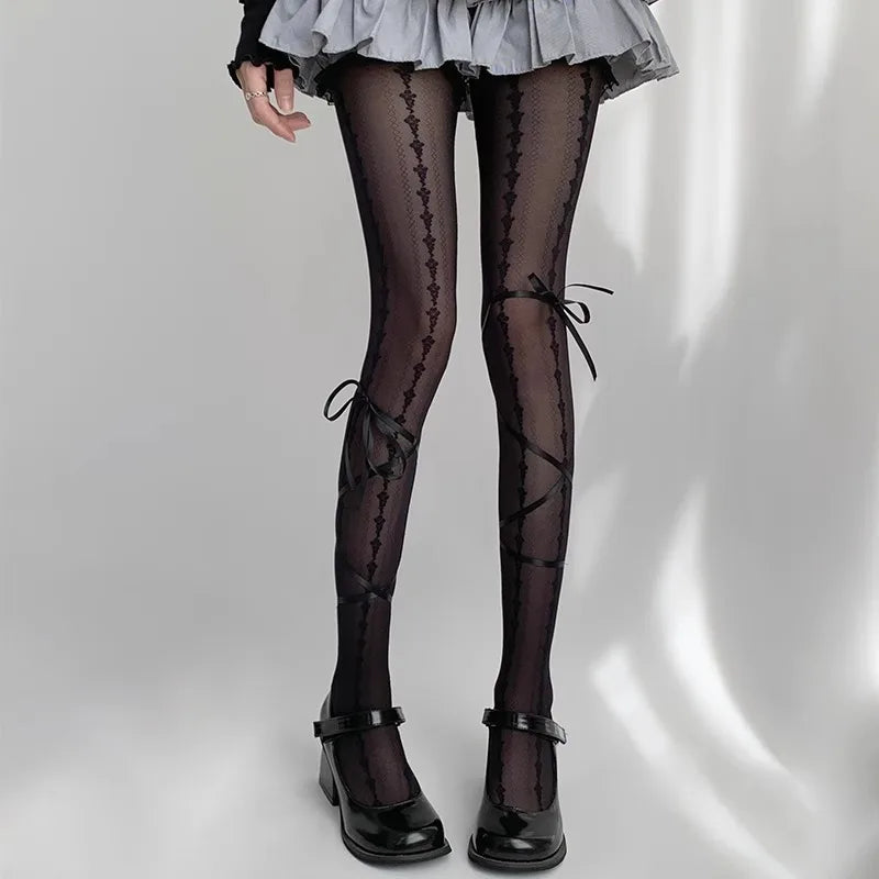 Sheer Lace Up Stockings with Decorative Ribbon Tie Details