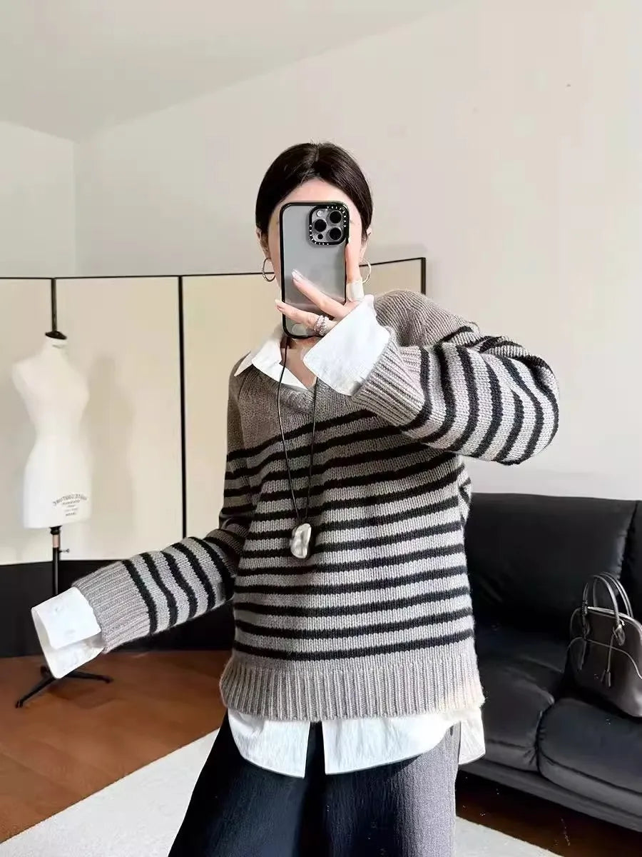 High-end V-neck striped 100% wool knitted sweater loose pullover sweater women wool base layer