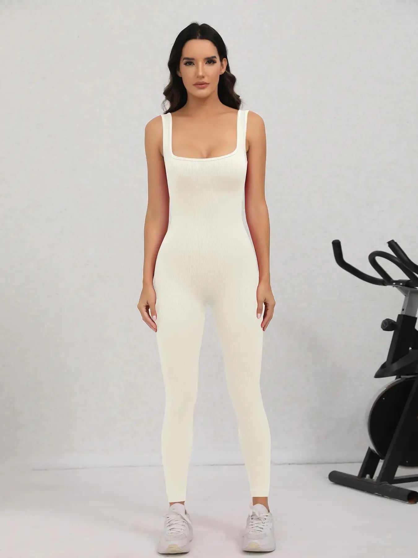 Women's Square Neck Ribbed Nylon Blend Workout Jumpsuit with Fitted Legs