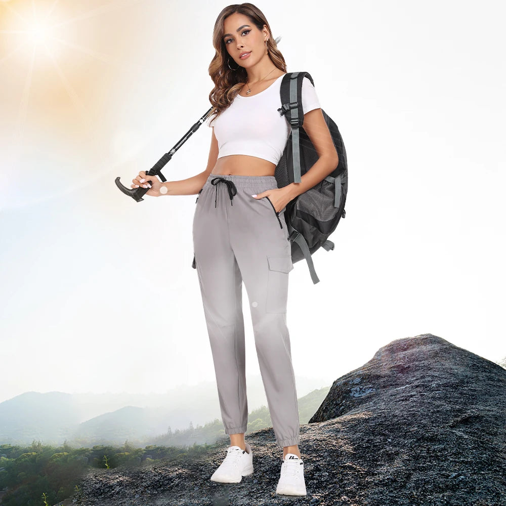 Women's Hiking Cargo Pants with Elastic Waist and Zip Pocket Details