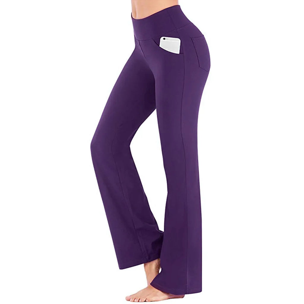 Women's High Waist Polyester Flared Workout Pants with Side Pockets