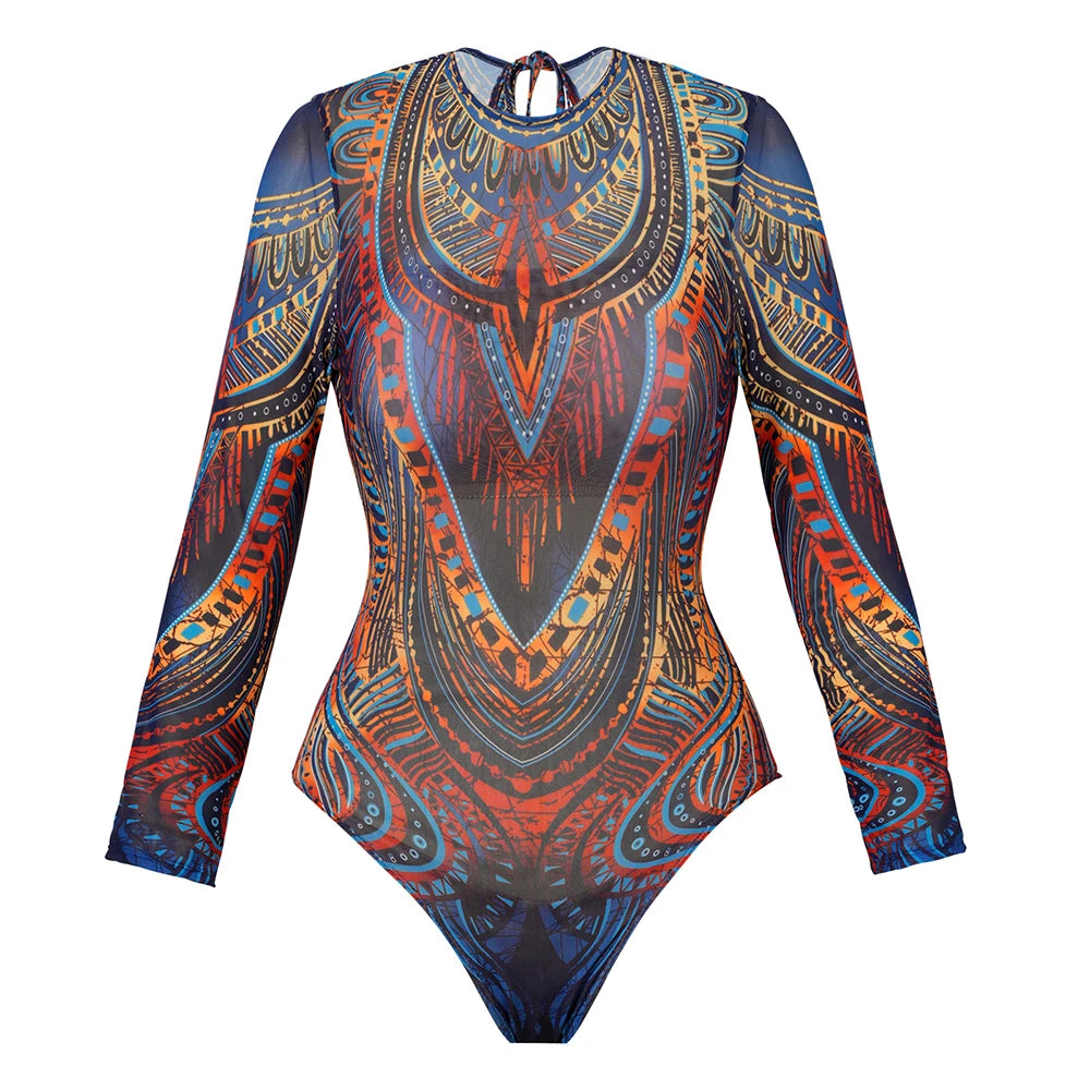 Printed Long Sleeve Swimsuit with Matching Skirt