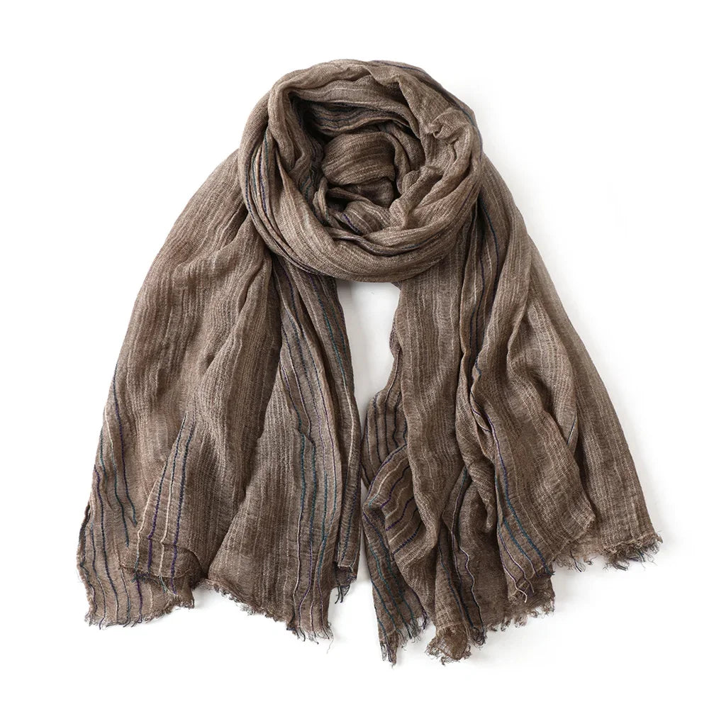 Striped Long Scarf with Decorative Frayed End Trim