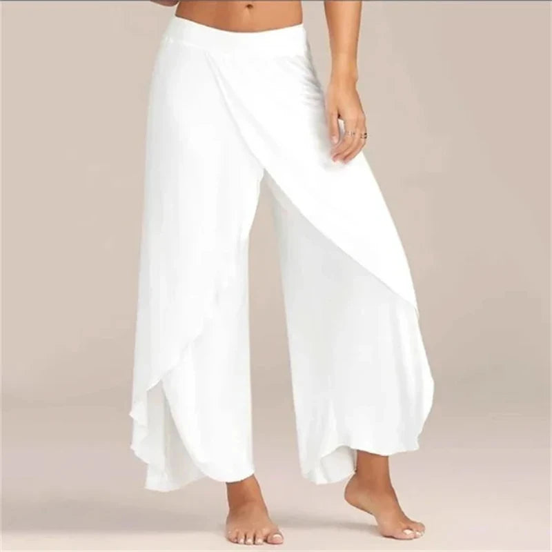 Women's Side Split Polyester Rayon Palazzo Pants with Flowing Wide Legs