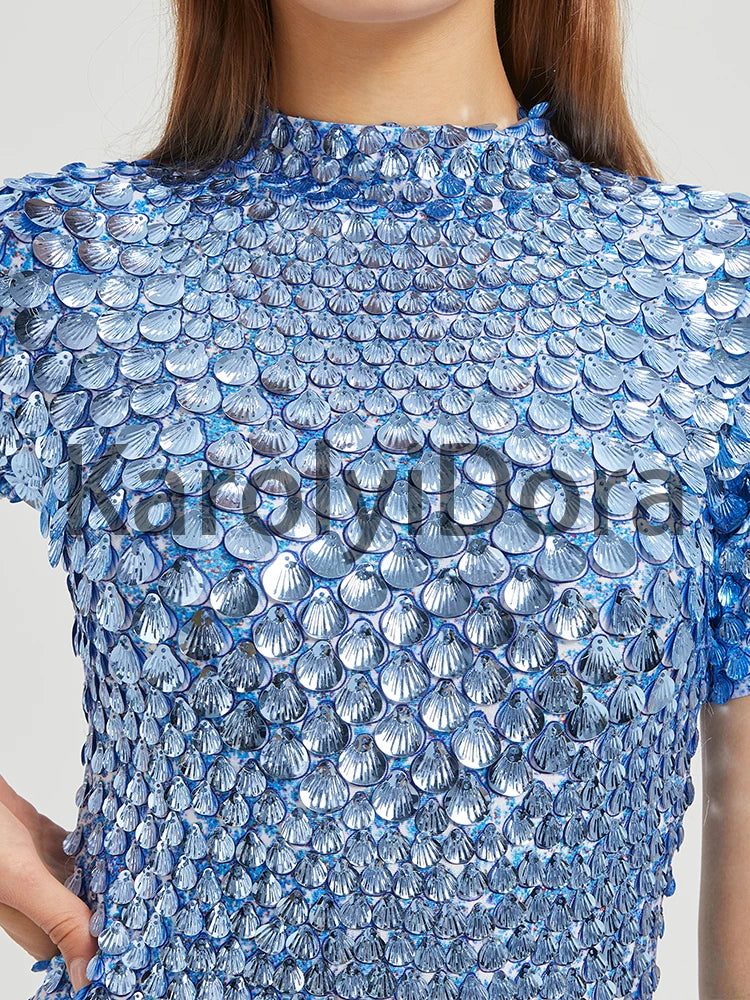 Women's Disc Sequin Mini Dance Dress with Short Sleeves and High Neck