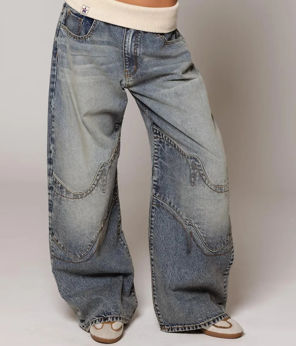 Women's Washed Elastic Waist Wide Leg Denim Jeans