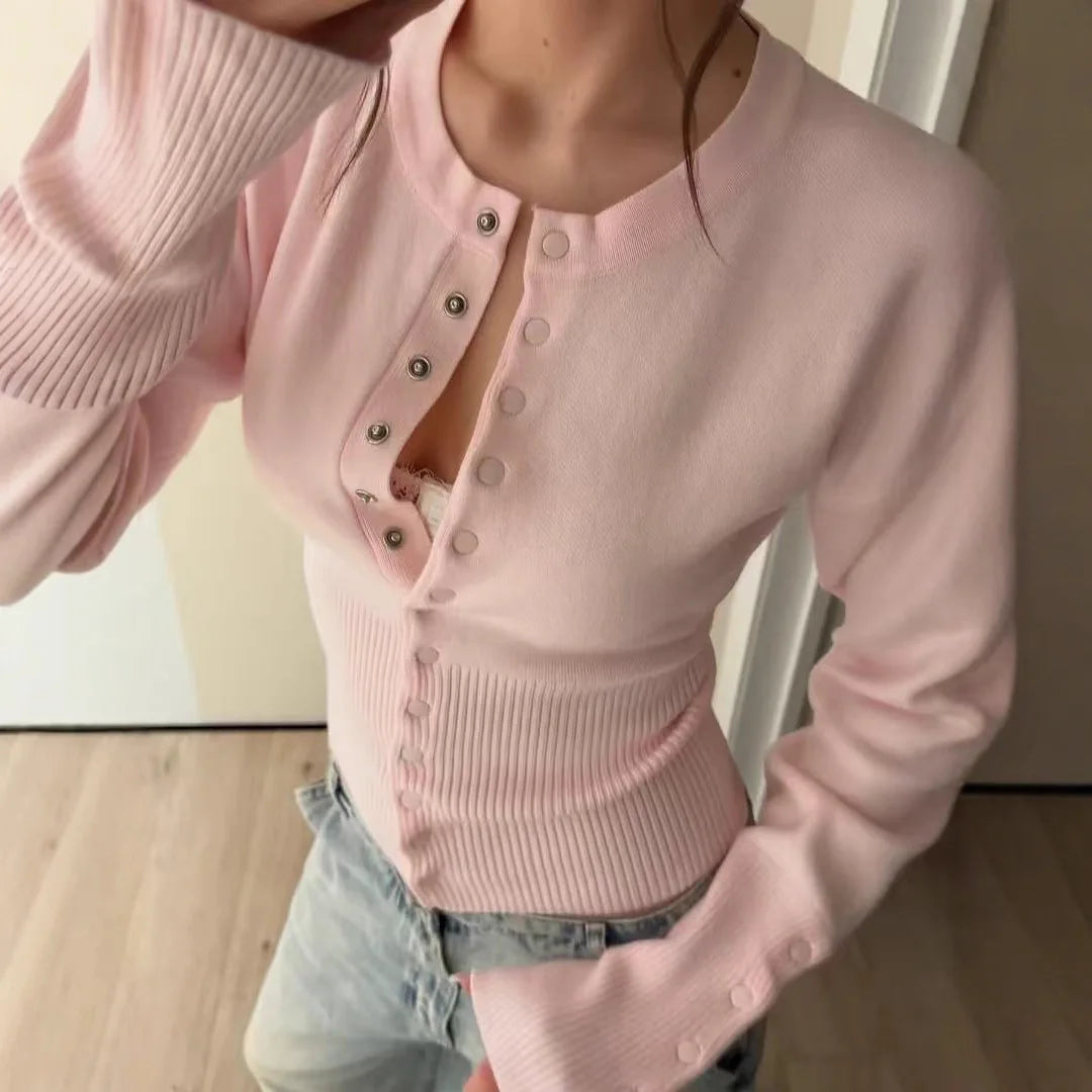 Women's Crew Neck Button Front Cardigan Casual Knit Layer
