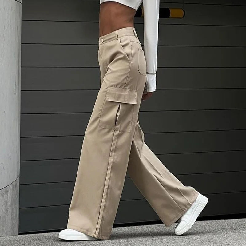 Women's Wide Leg Cargo Pants with Flap Pockets and Waistband