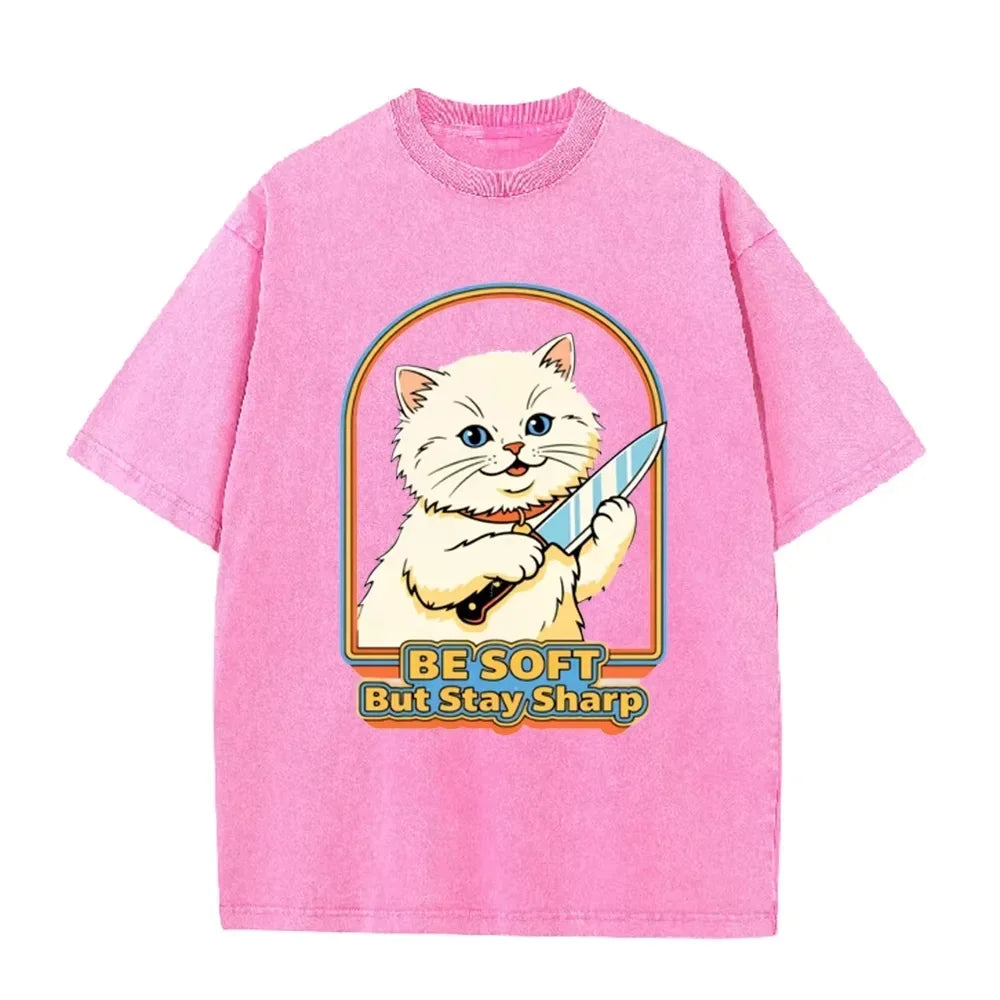 Vintage Washed Purple  Be Soft But Stay Sharp Knife Cat Retro Casual Graphic T Shirt