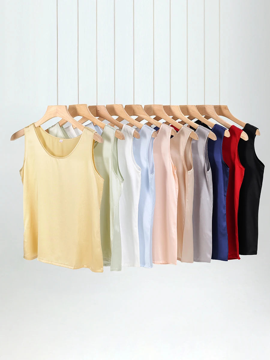 Women's Mulberry Silk Tank Top with Round Neck and Sleeveless Cut