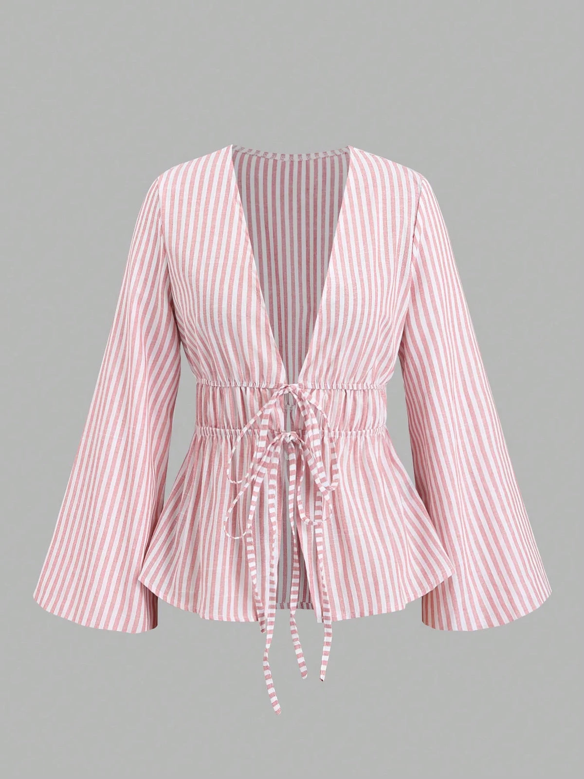 Women's Striped Wrap Blouse with Back Tie and Wide Sleeves