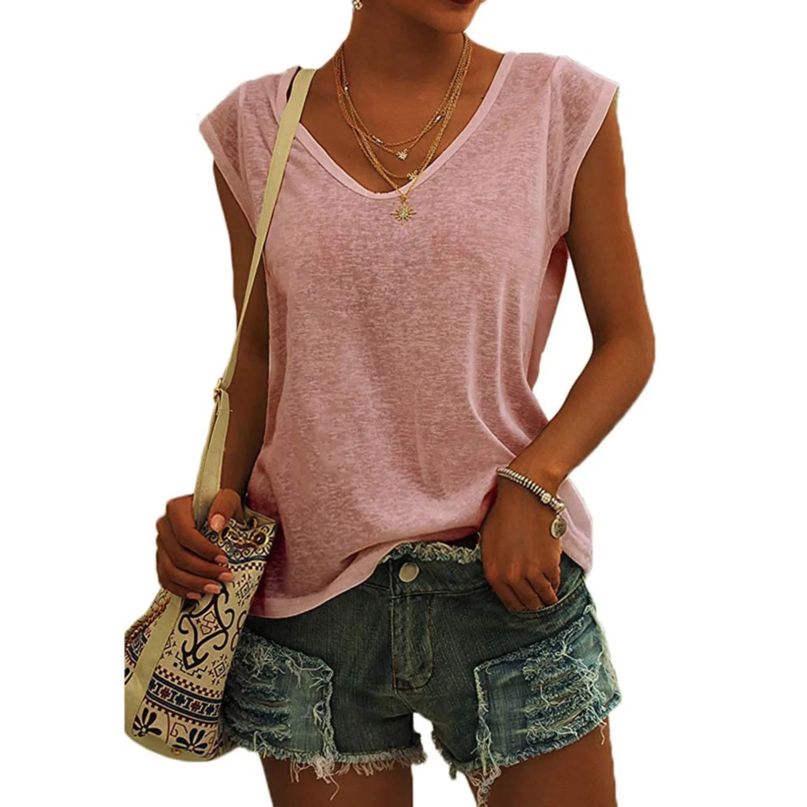 Women's Polyester Sleeveless V-Neck Tank Top with Slight Stretch for Summer Outfits