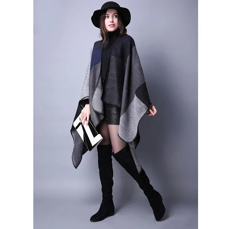 Block Plaid Open Front Poncho for Layering over Outfits