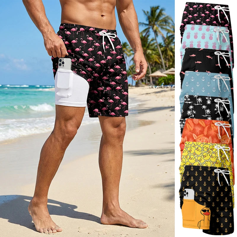 Men's Swim Shorts with Printed Design and Phone Pocket for Beach and Pool Wear