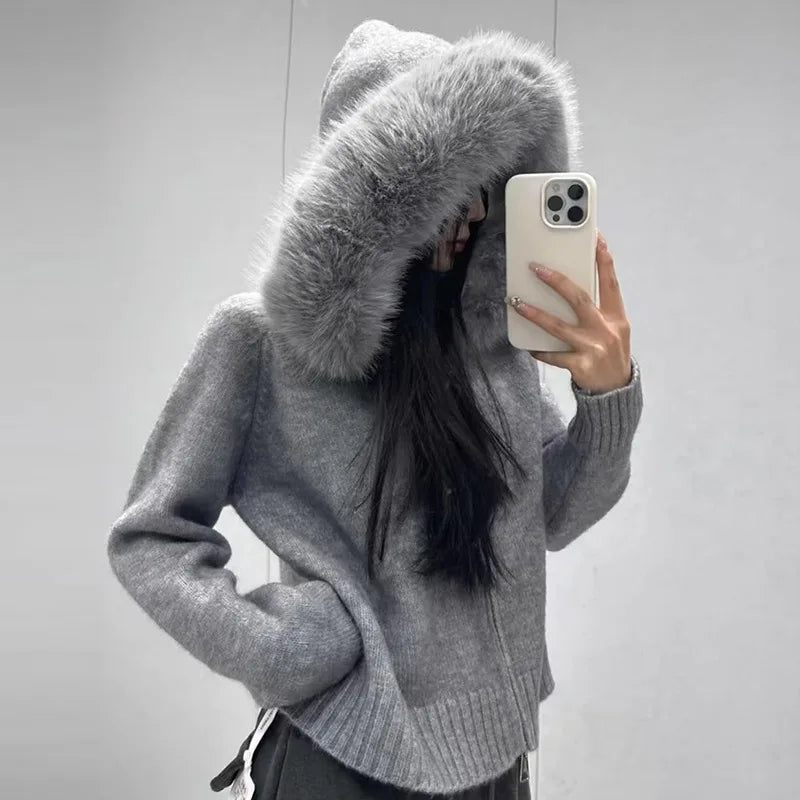 Women's Hooded Zip Front Fluffy Trim Jacket Casual Knit Layer