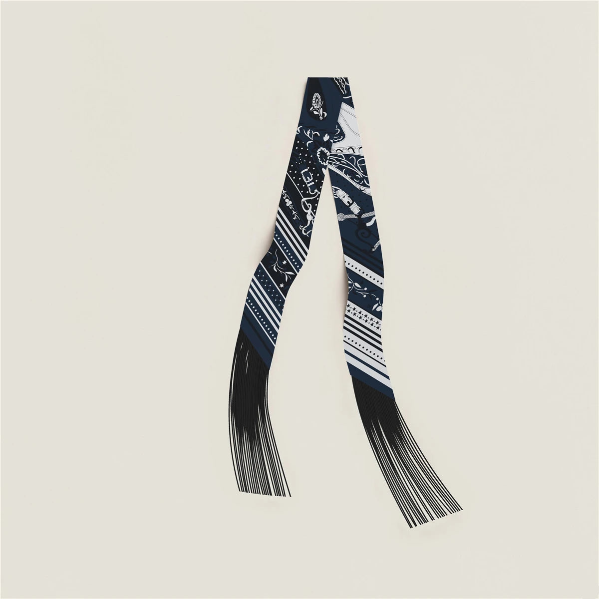 Printed Narrow Ribbon Scarf with Decorative Fringed Ends