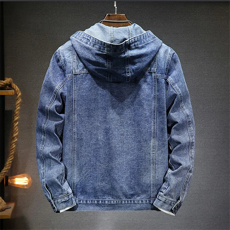 Men's Hooded Button-Front Denim Jacket with Pockets