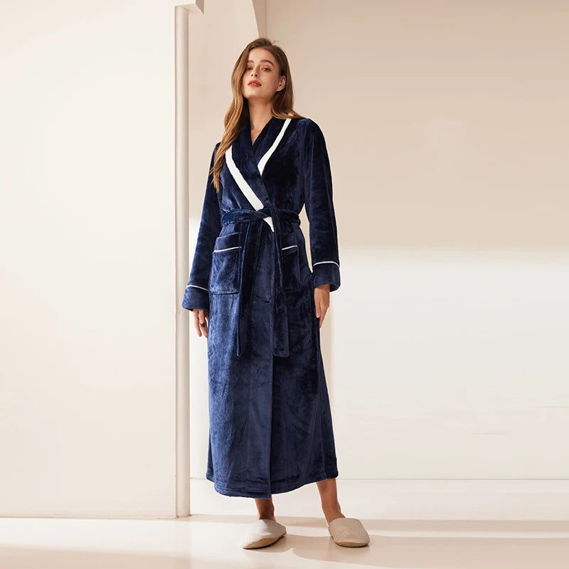 Long Flannel Fleece Tie Waist Bathrobe with Pockets