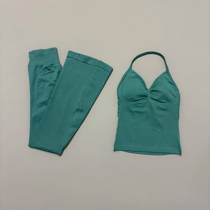 Women's Cross Back Tank And Flared Pants Yoga Set