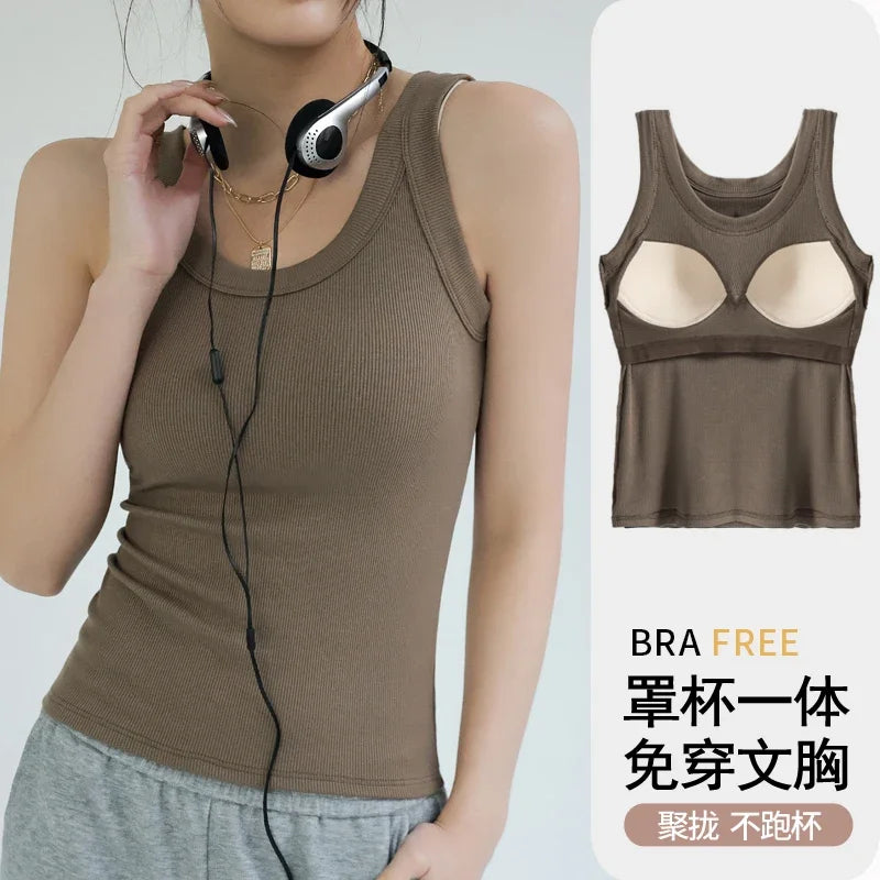 Women's Round Neck Ribbed Tank Top with Wide Straps and Padded Bust