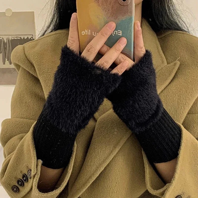 Plush Fingerless Gloves with Ribbed Knit Wrist Cuffs