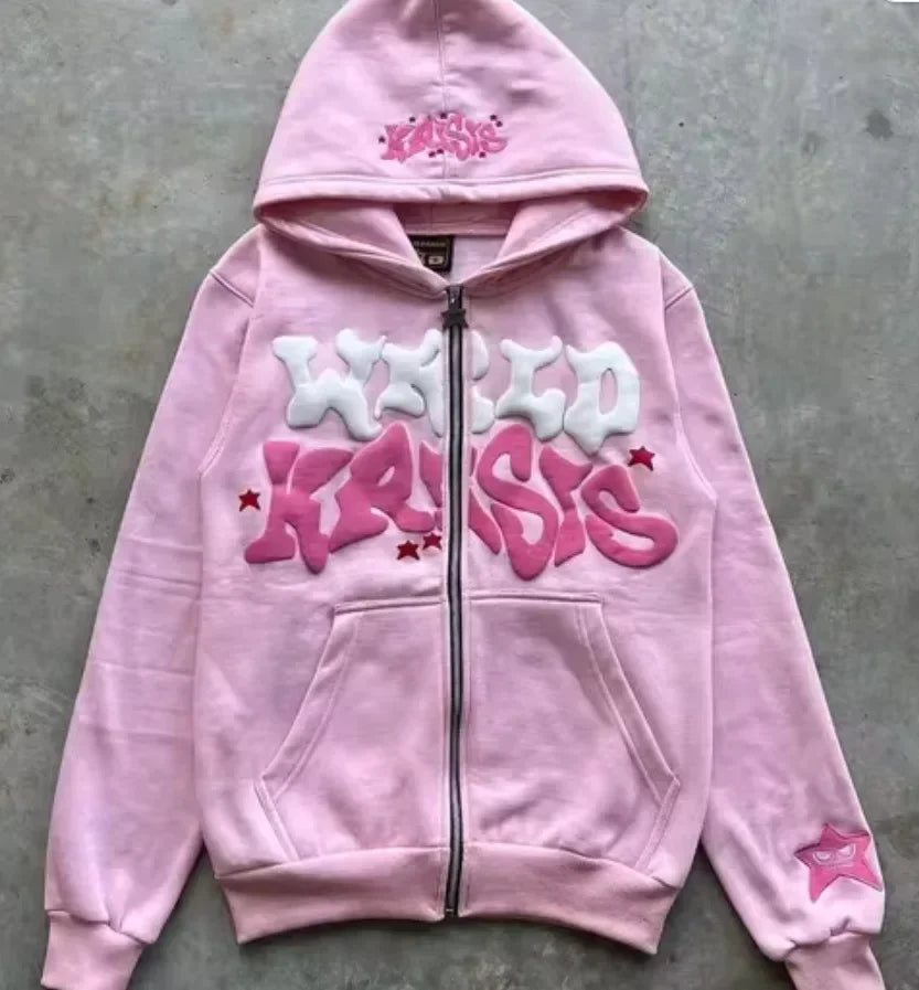 Men's Letter-Print Fleece Long-Sleeve Zip-Front Hoodie