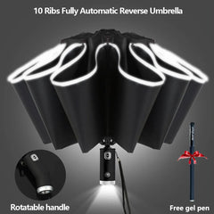 Fully Automatic Reverse Folding Umbrella With LED Flashlight 10Ribs Windproof Reflective Stripe UV Umbrellas For Sun Or Rain Day