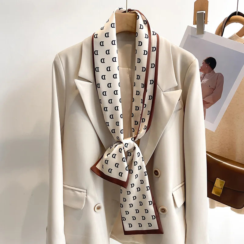 Printed Long Narrow Scarf with Decorative Ribbon Shape