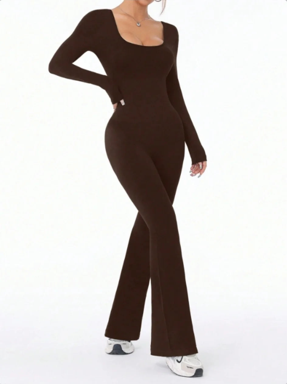 Women's Long Sleeve Nylon Blend Flared Workout Jumpsuit with Double Back Cutouts