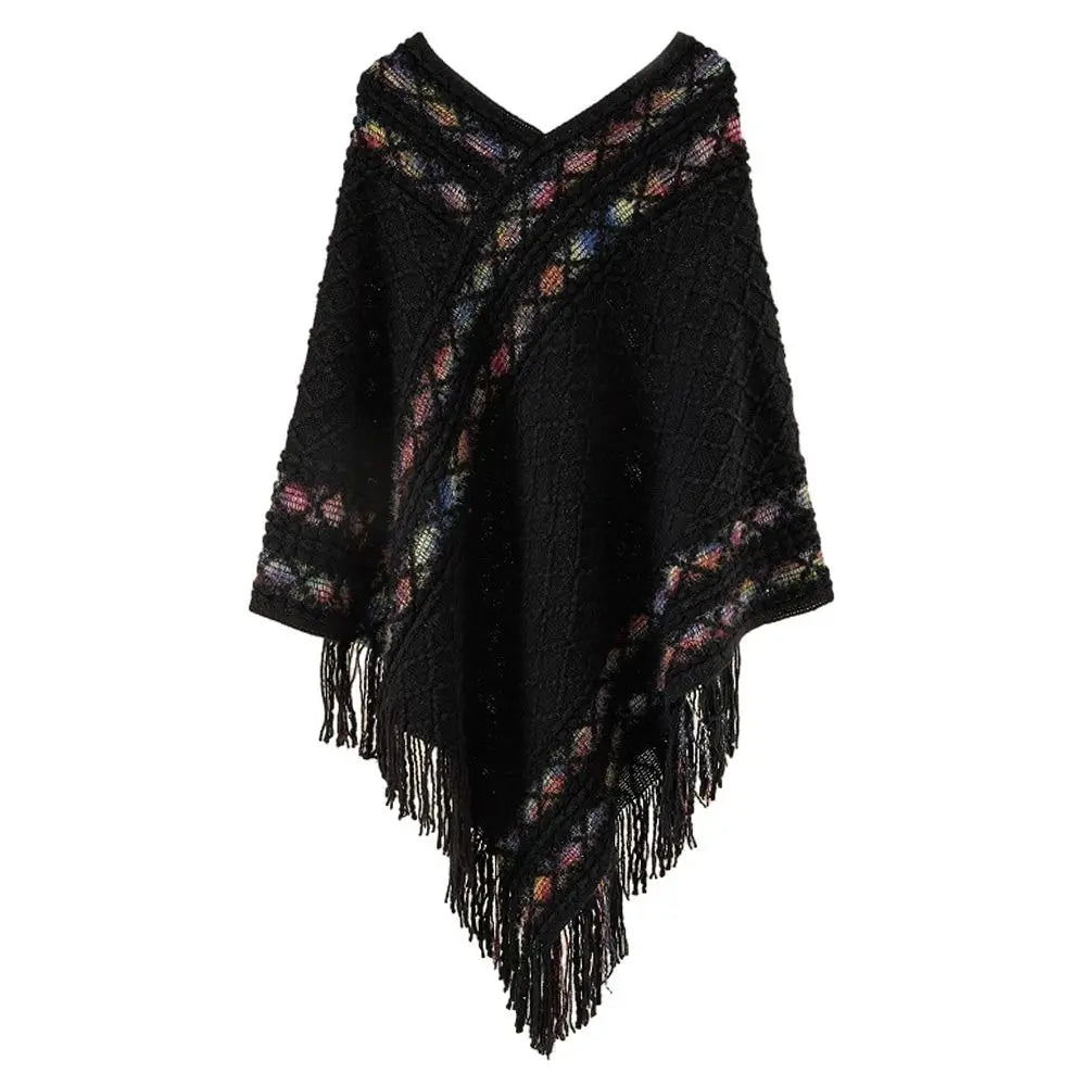 Patterned Fringe Hem Poncho for Layering over Outfits