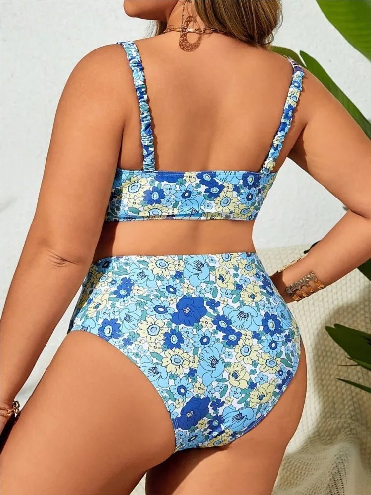 Women's Floral Print Ruched Top and High Waist Bikini Set