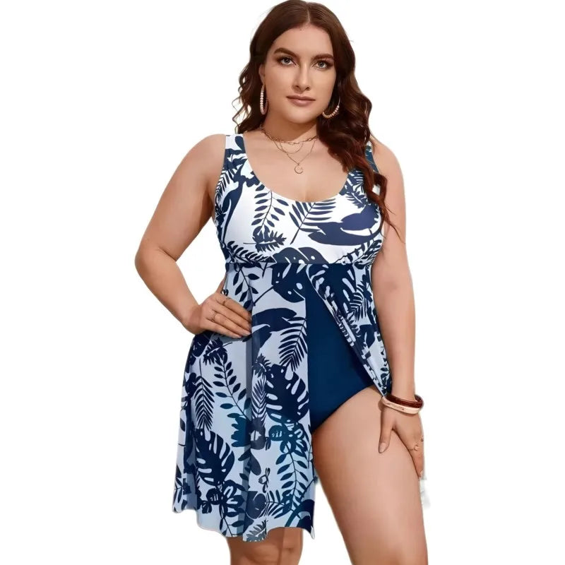Women's Printed Scoop Neck Swimdress with Side Tie Skirt Overlay