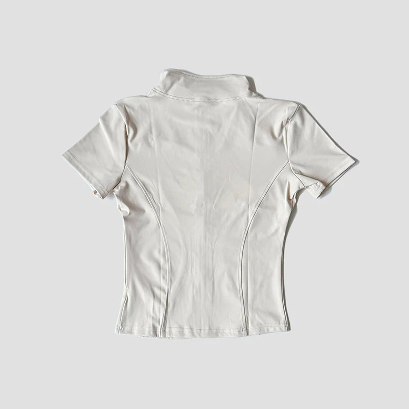 Women’s Slim Fit Short Sleeve Yoga Top with Stand Collar Zip Front