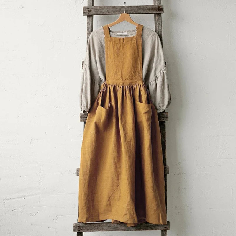 Women's Cotton-Linen Sleeveless Square-Neck A-Line Midi Dress with Pockets for Casual Outfits