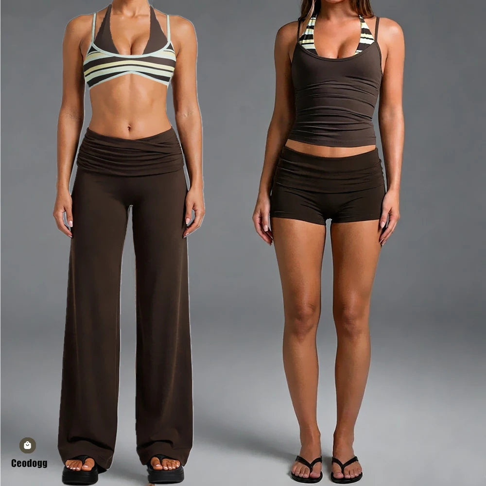 Women's Nylon Blend Flared Workout Pants with Coordinating Top Style Options