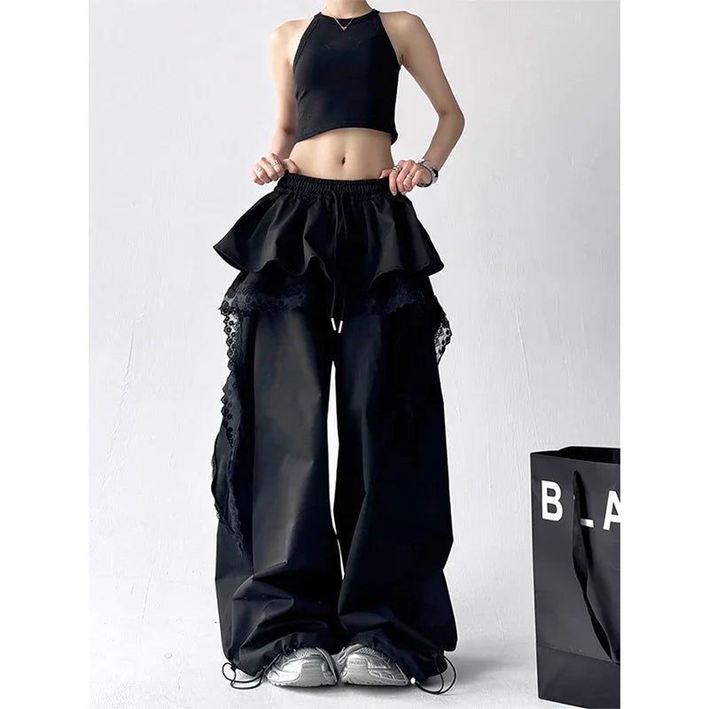 Women's Wide Leg Pants with Layered Lace Trim and Cargo Pockets