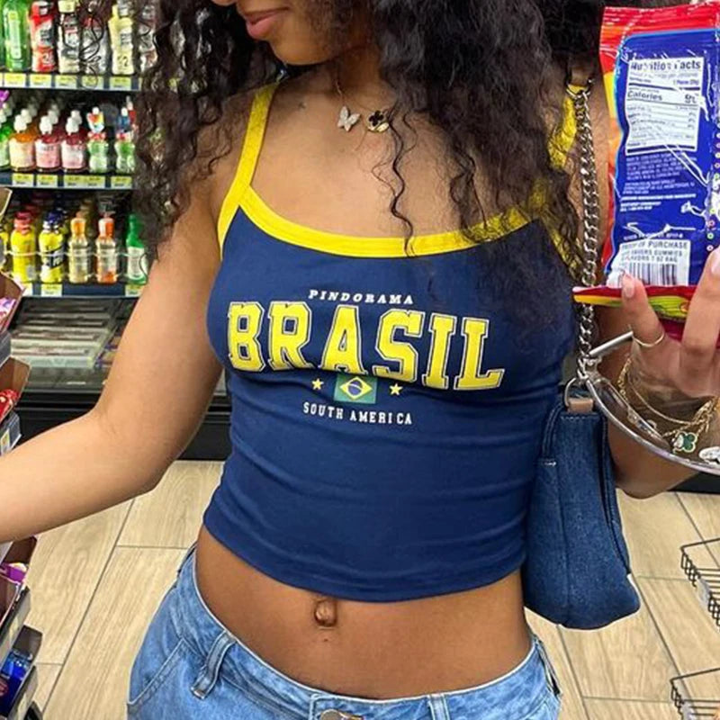 Women's Brasil Letter Print Polyester Camisole with Yellow Contrast Trim