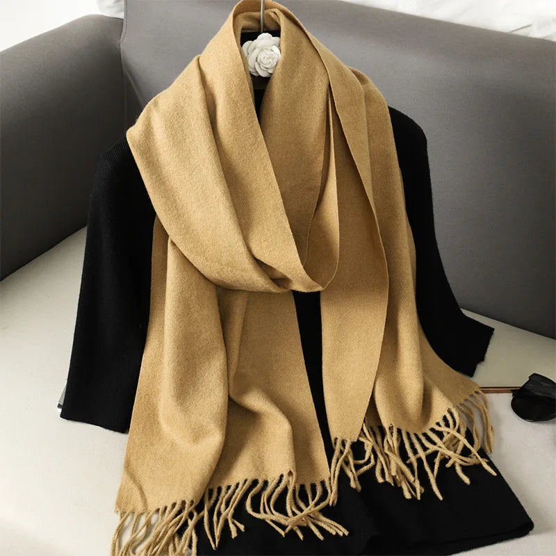 Solid Long Rectangular Scarf with Decorative Fringe Trim