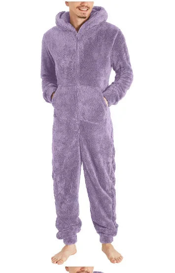 Men's Hooded Zip Front Long Sleeve Plush Pajama Jumpsuit