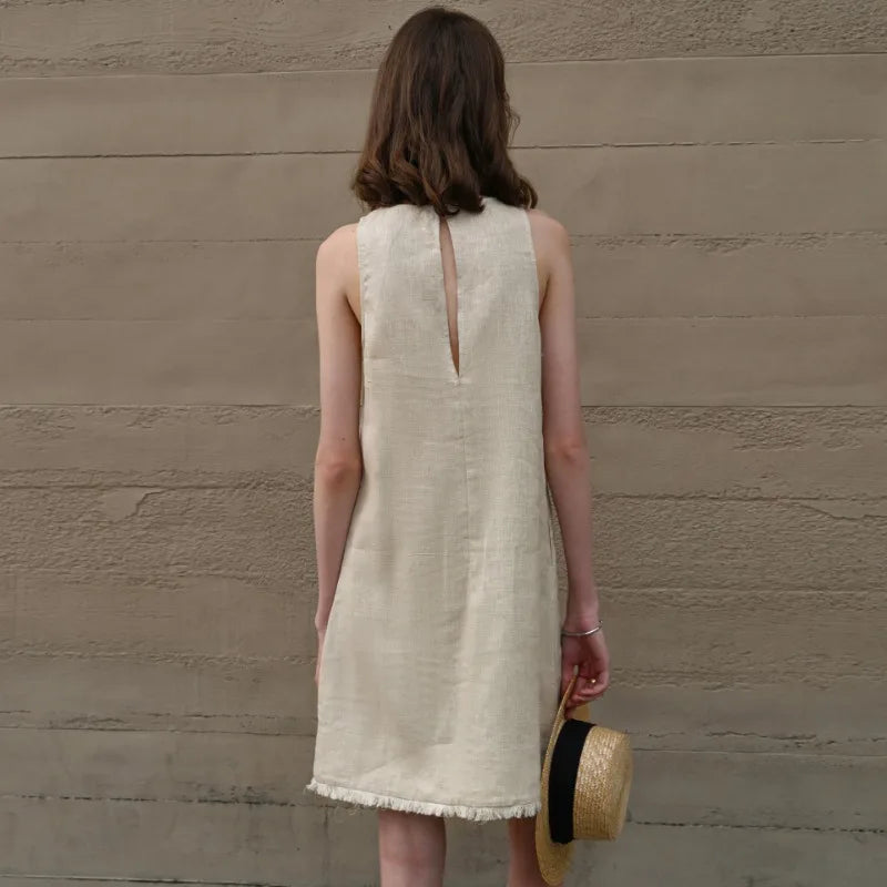 Women's Linen Sleeveless Loose A-Line Mini Dress with Round Neck and Pockets