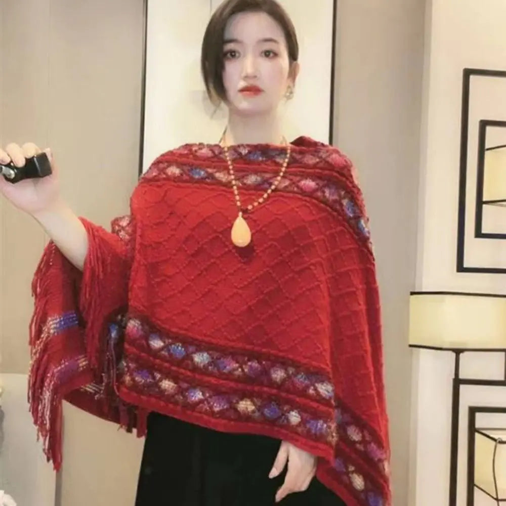 Patterned Fringe Hem Poncho for Layering over Outfits