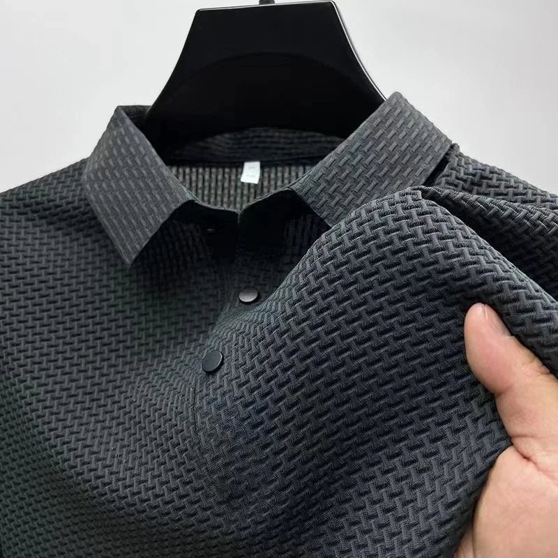 Men's Textured Short-Sleeve Polo Shirt with Collar and Button Placket
