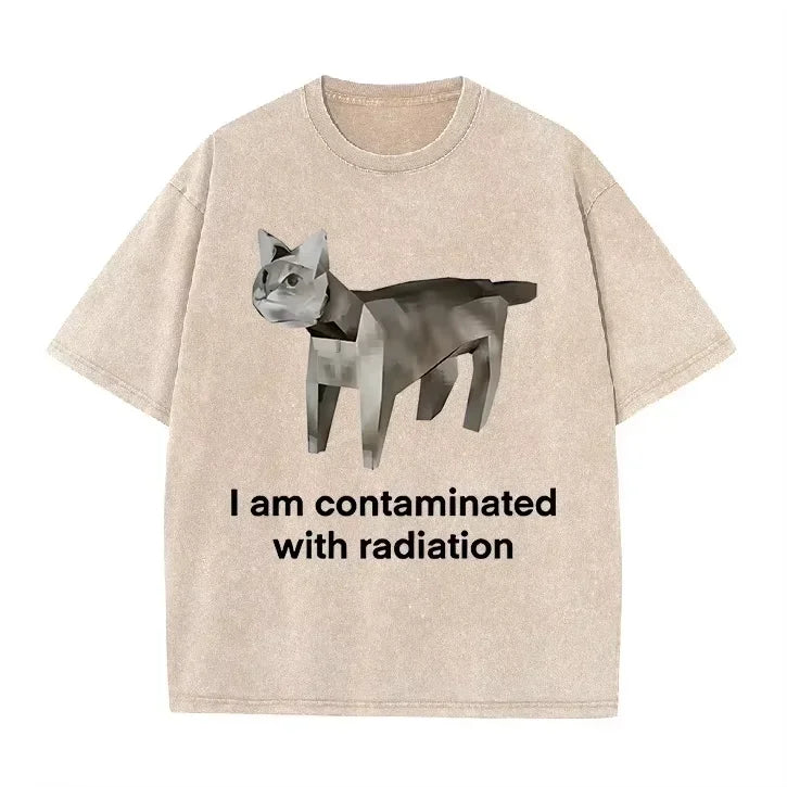 Vintage Washed Green Low Poly Radiation Cat I Am Contaminated Funny Meme Casual T Shirt
