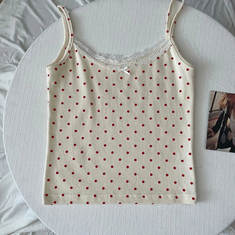 Women's Lace Trim Cotton Camisole with Bow Detail and Multiple Pattern Options