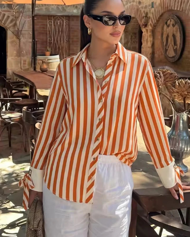 Women's Striped Collared Long Sleeve Shirt