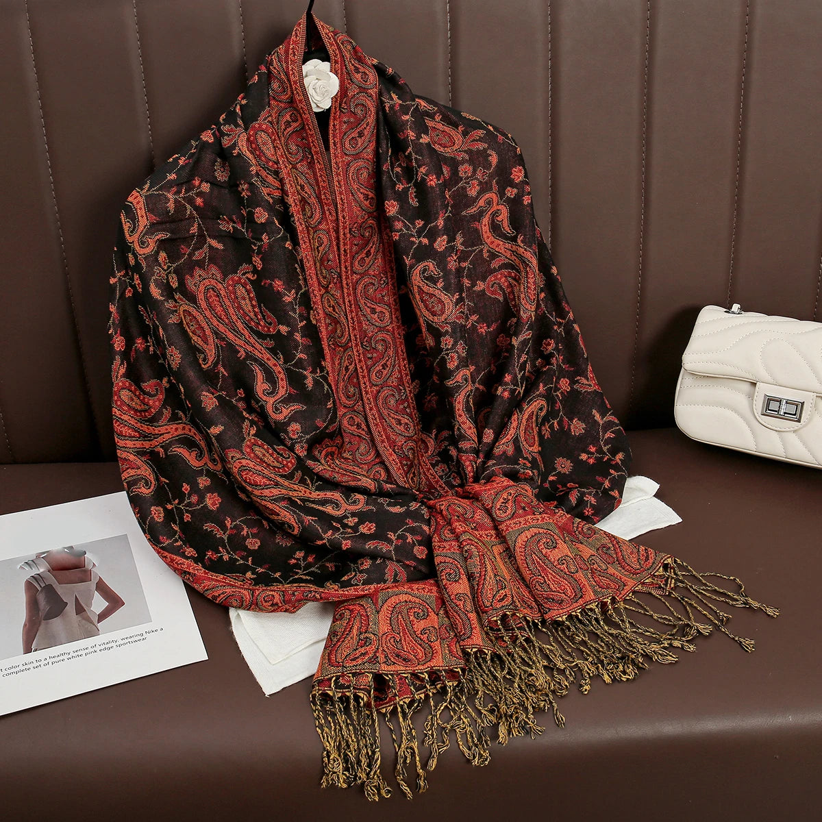 Paisley Floral Print Long Scarf with Fringed Ends
