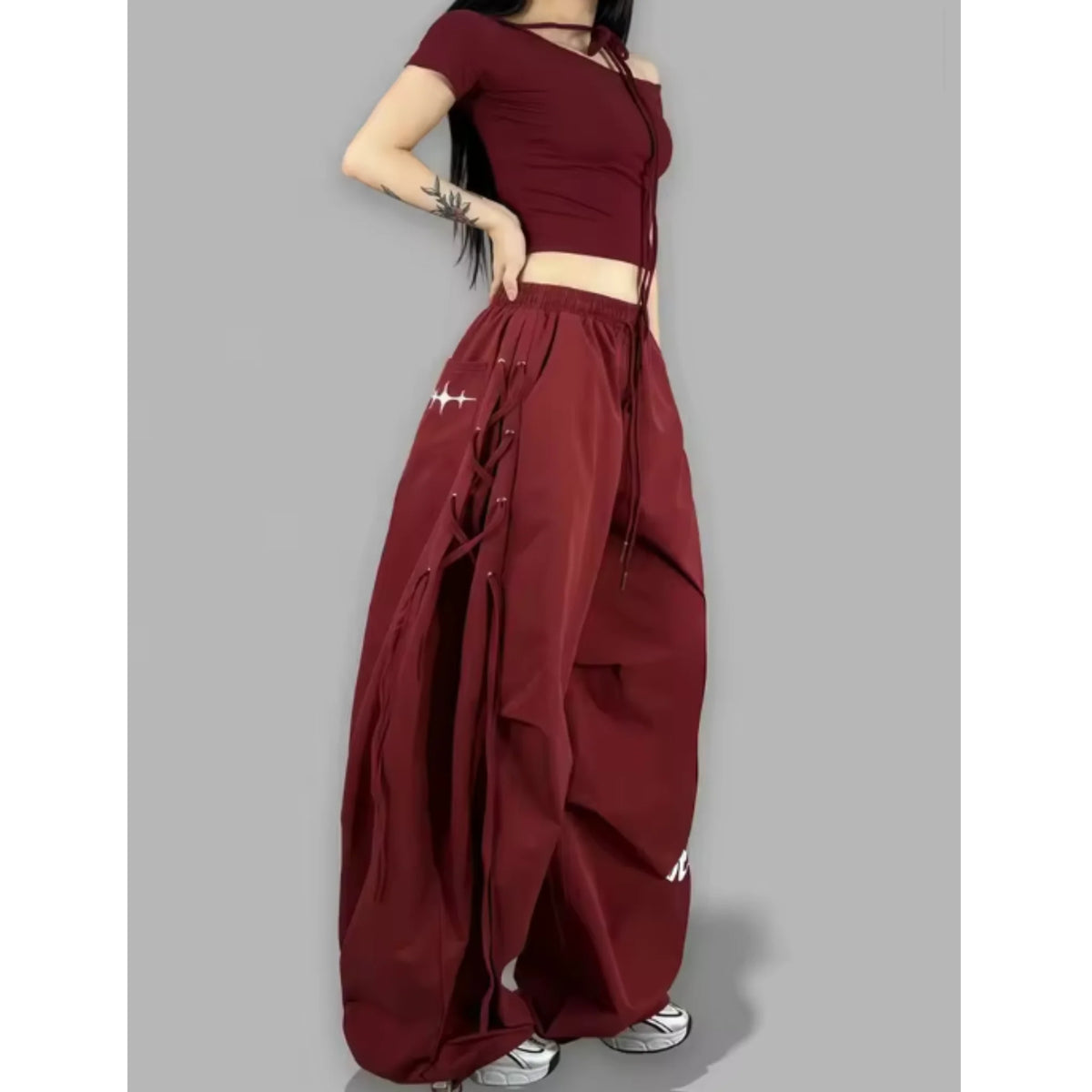 Women's Wide Leg Cargo Pants with Hanging Side Strap Details