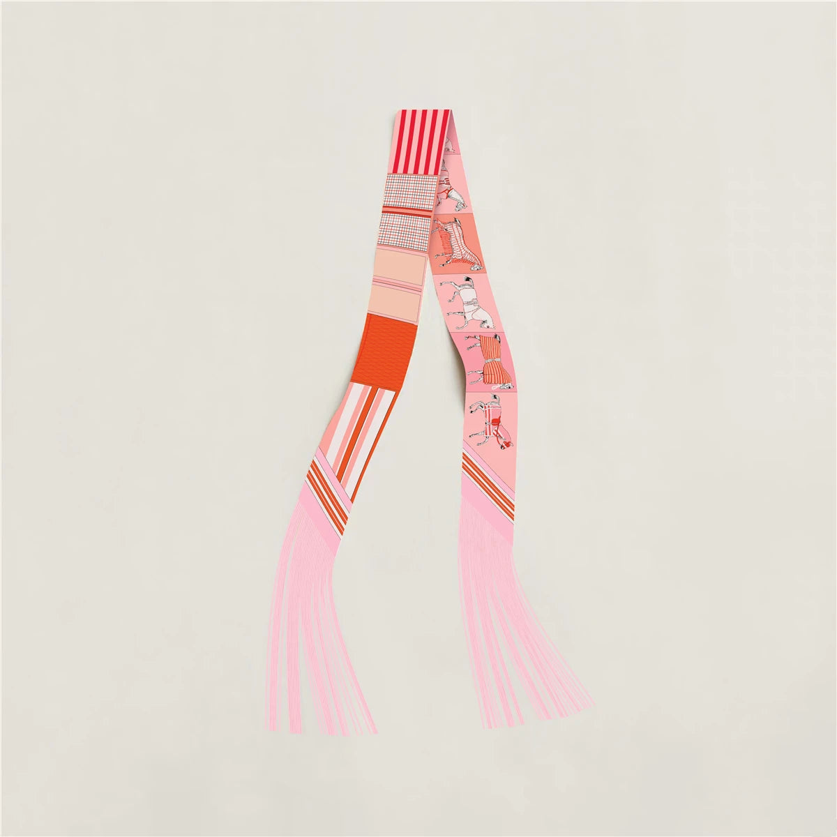 Printed Narrow Ribbon Scarf with Decorative Fringed Ends