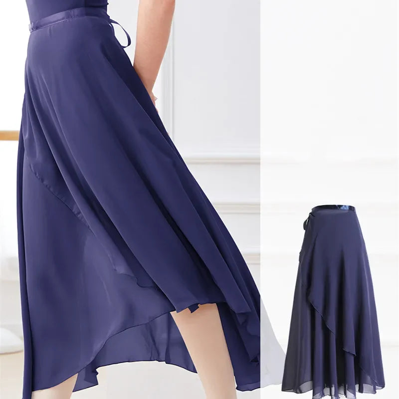Women's Long Ballet Wrap Skirt with Flowing Hem and Tie Waist